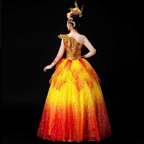 Red with gold petals flamenco dance dresses for women girls chinese folk dance opening choir ballroom dance long swing skirts pageant dress for female